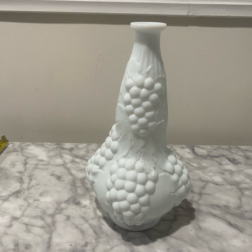 Milk glass wine decanter grape motif
